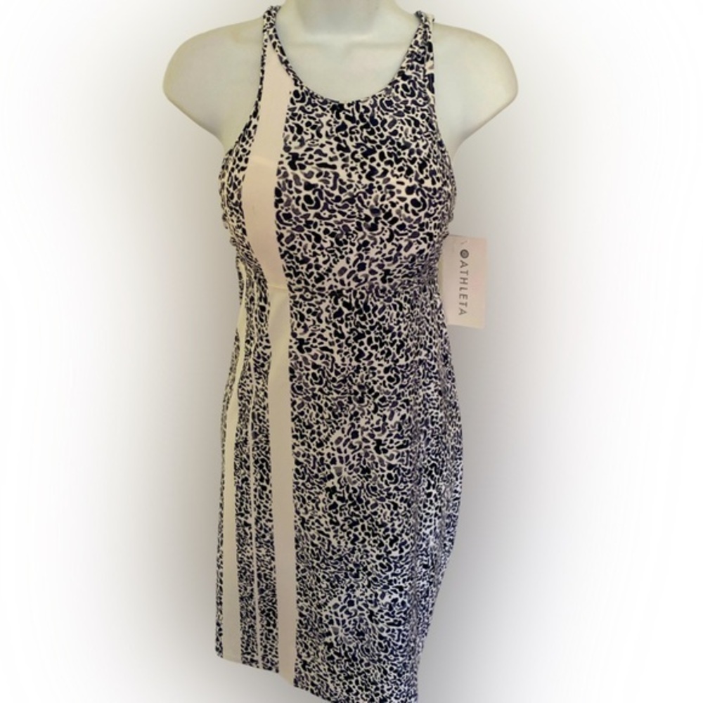 Athleta Hi Neck Zimbabwe Dress -34B/C black white , nylon spandex